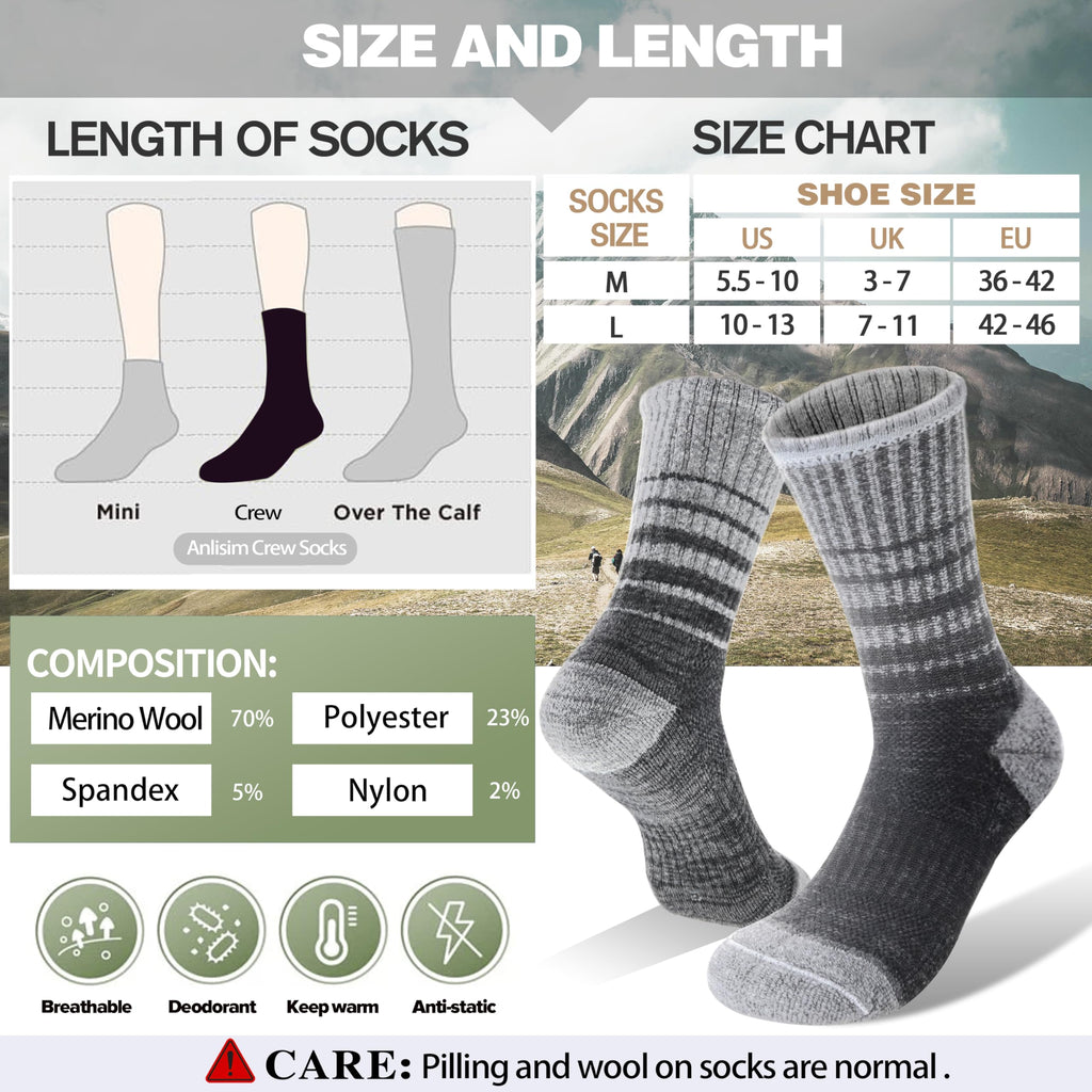 Merino Wool Hiking Socks for Women Thermal Winter Warm Boot Work Cushion Socks 5 Pairs