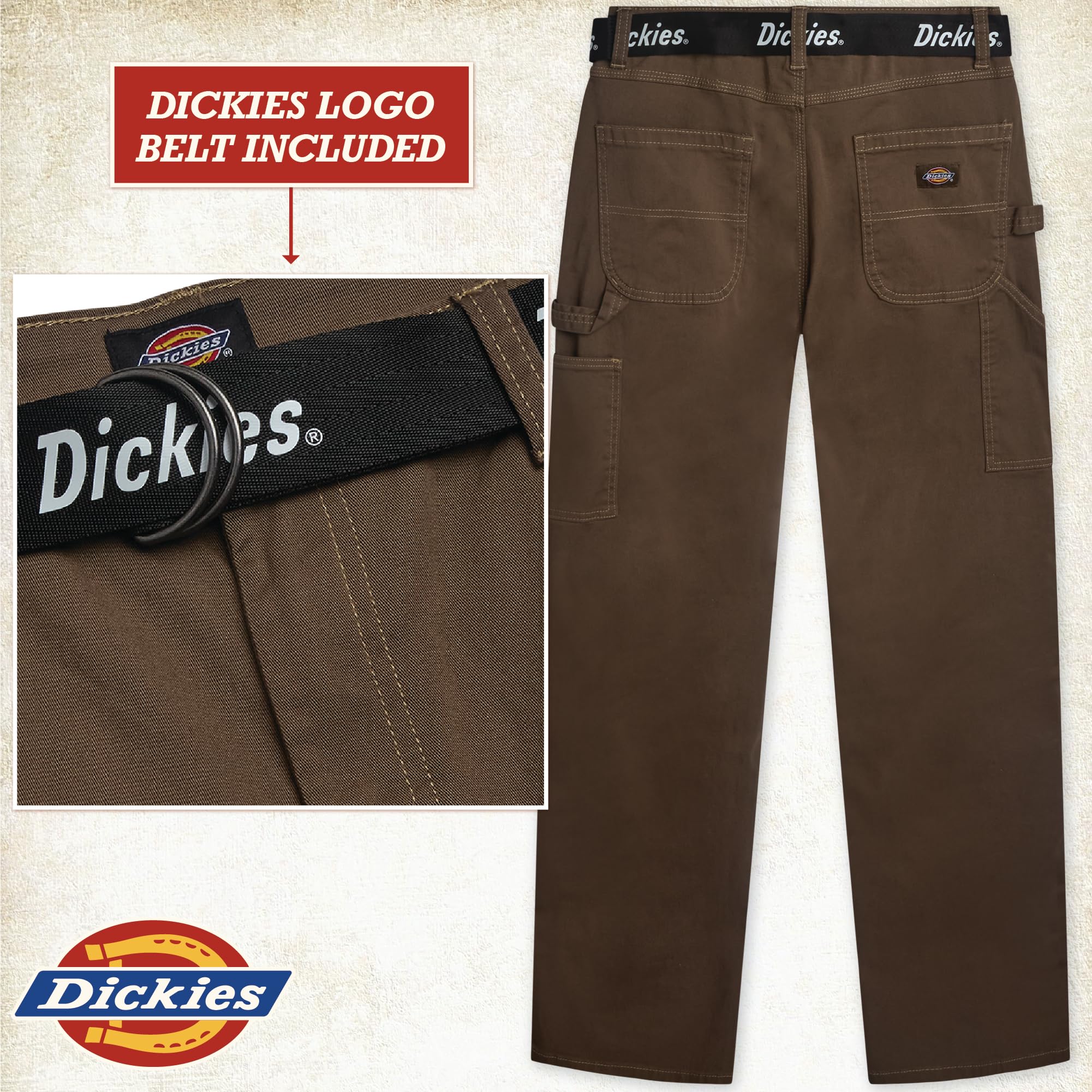 Dickies Womens Work Pants with Belt - Relaxed Fit Straight Leg High Waisted Carpenter Pants for Women with Utility Pockets