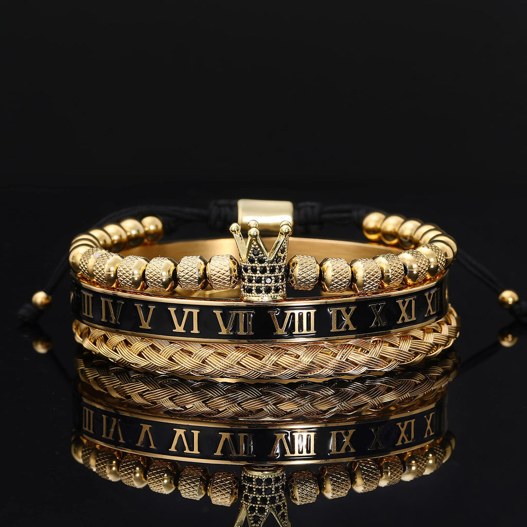 3PCS Stainless Steel Bracelets for Men Gold Roman Numeral Bangle Bracelet Twisted Cable Bracelet Adjustable Cuff Bracelet Mens Luxury Jewelry Bracelets Gifts