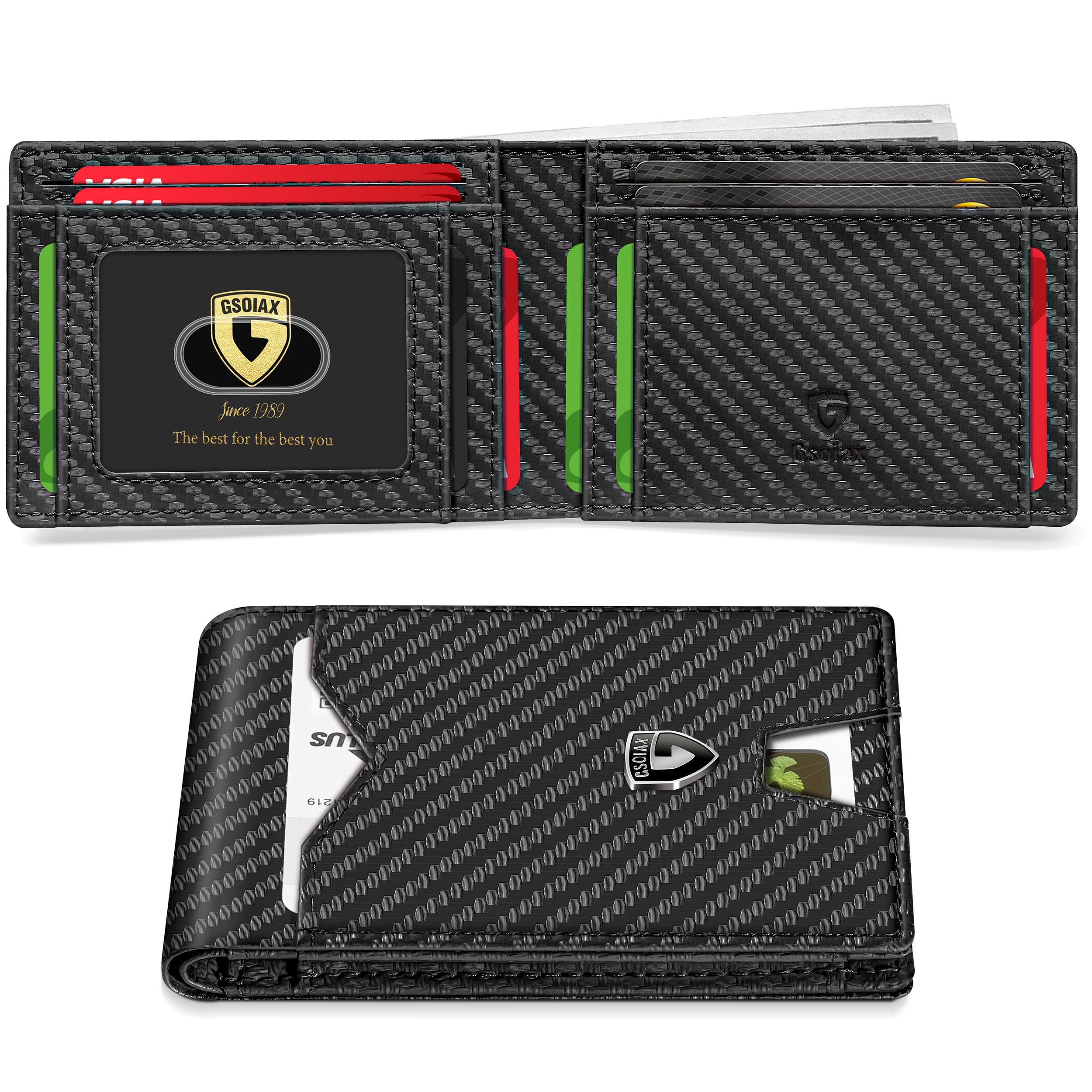 Slim Wallet for Men Rfid Blocking Leather Bifold Front Pocket Carbon Fiber Men's Money Clips Credit Card Holder With Gift Box
