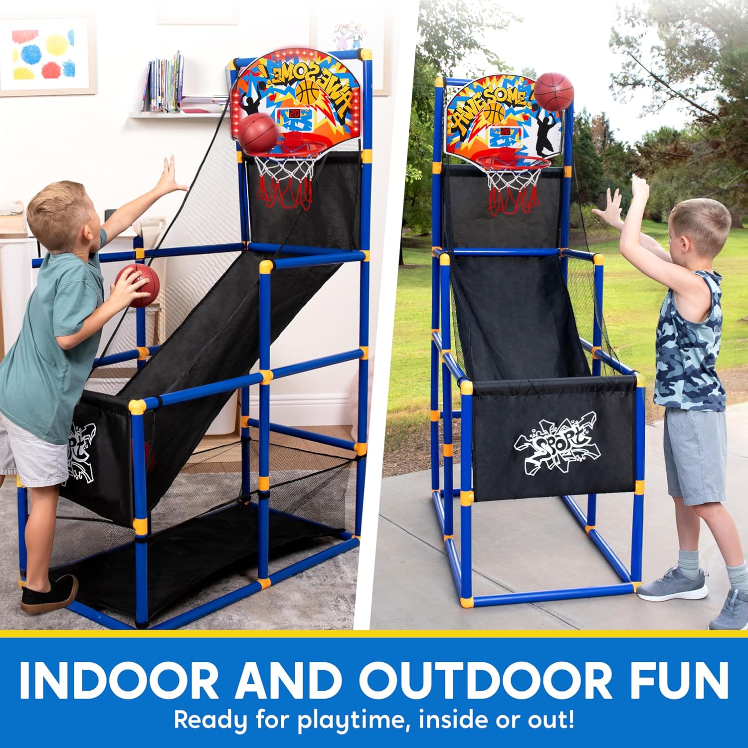 JOYIN Arcade Basketball Game Set with 4 Balls and Hoop for Kids 3 to 12 Years Old Indoor Outdoor Sport Play - Easy Set Up - Air Pump Included - Ideal for Competition
