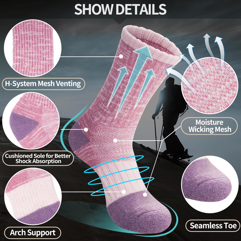 Merino Wool Hiking Socks for Women Thermal Winter Warm Boot Work Cushion Socks 5 Pairs