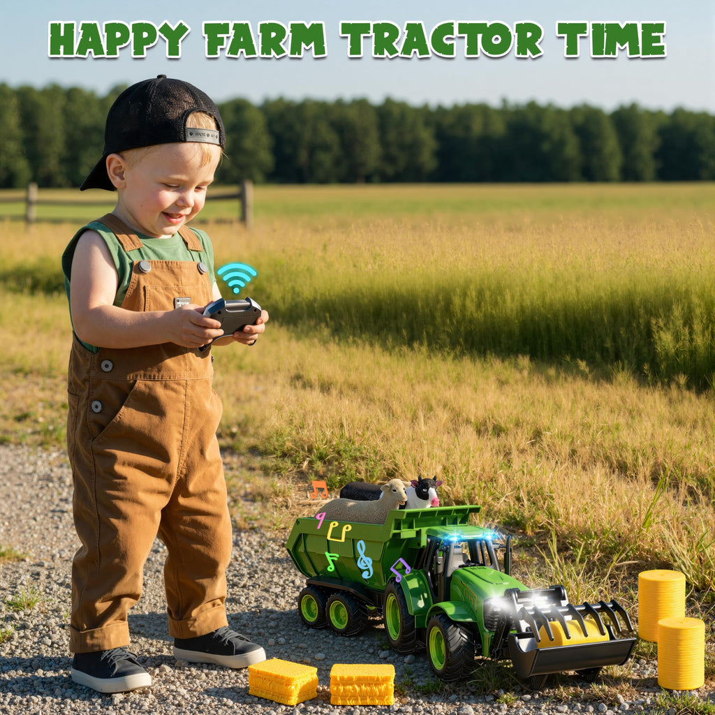 Funwee RC Farm Tractor Toy w/Light & Music, Kid Truck Toy w/Front Loader & Farm Animal, 2.4GHz RC Tractor Trailer Car Vehicle Toy for Boy Girl Age 3 4 5 6 7+ Year Old Christmas Birthday Gift (Pink)