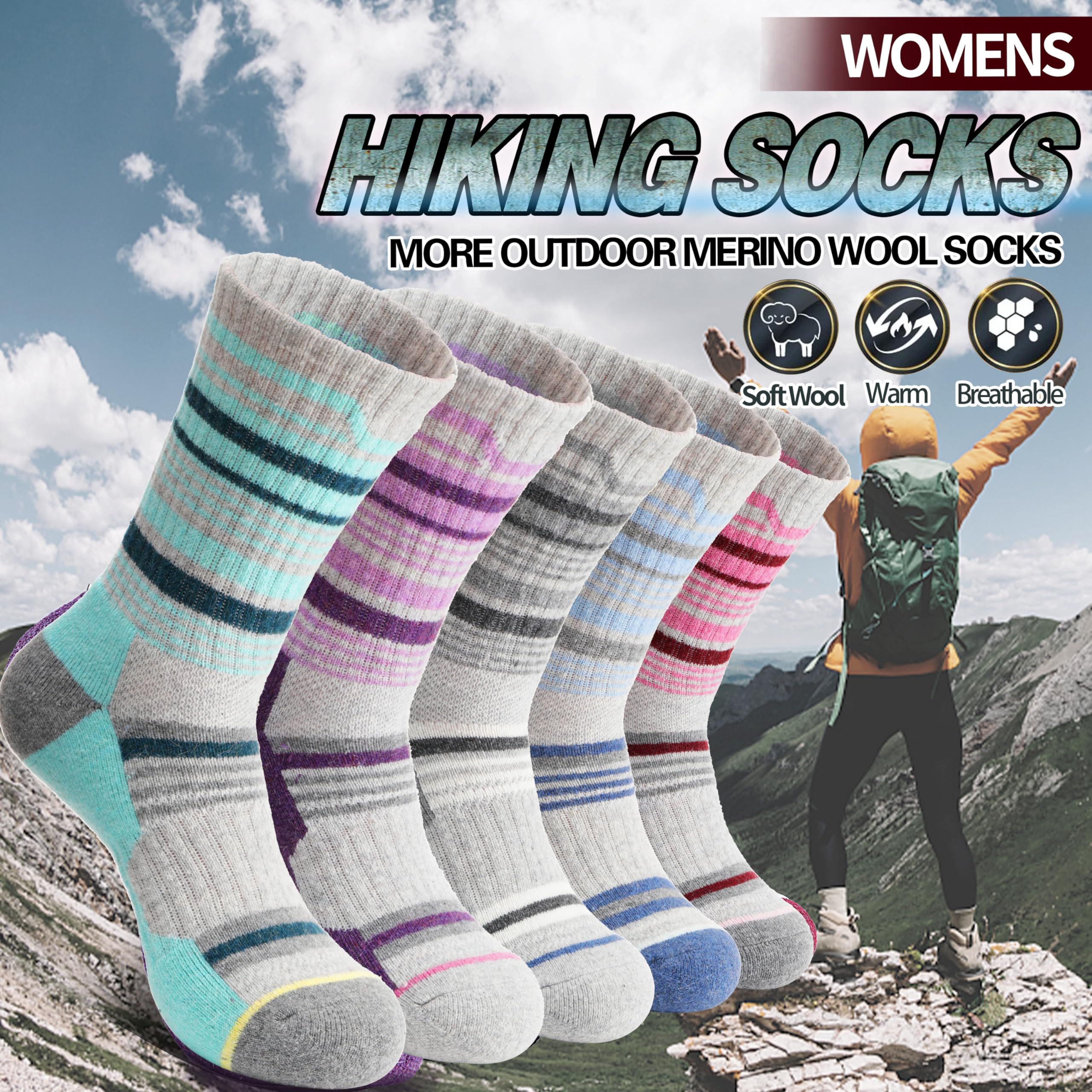 Merino Wool Hiking Socks for Women Thermal Winter Warm Boot Work Cushion Socks 5 Pairs