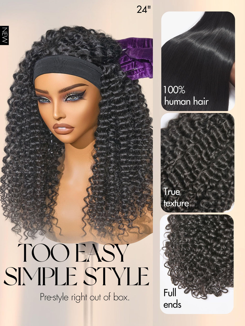 HAIR Headband Wig Human Hair Kinky Straight Drawstring Half Wig for Black Women 100% Real Human Hair Glueless None Lace Wigs Brazilian Virgin Hair Machine Made Wig 200 Density Natural Color