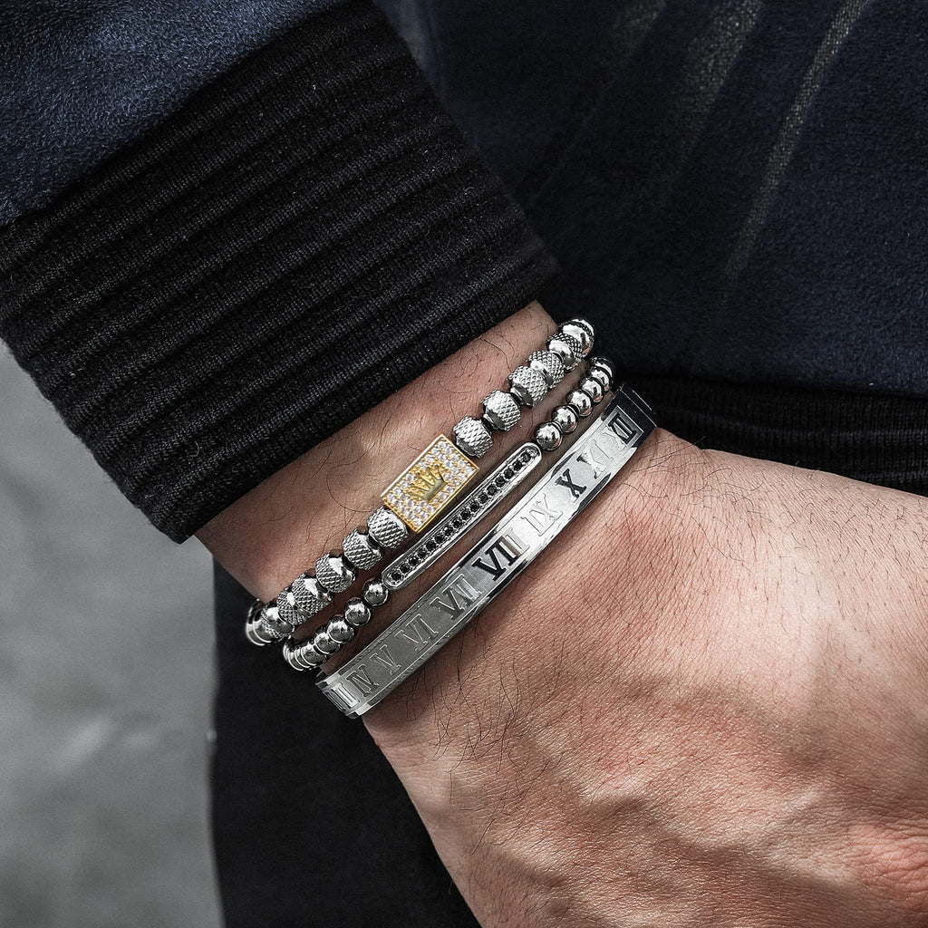 3PCS Stainless Steel Bracelets for Men Gold Roman Numeral Bangle Bracelet Twisted Cable Bracelet Adjustable Cuff Bracelet Mens Luxury Jewelry Bracelets Gifts