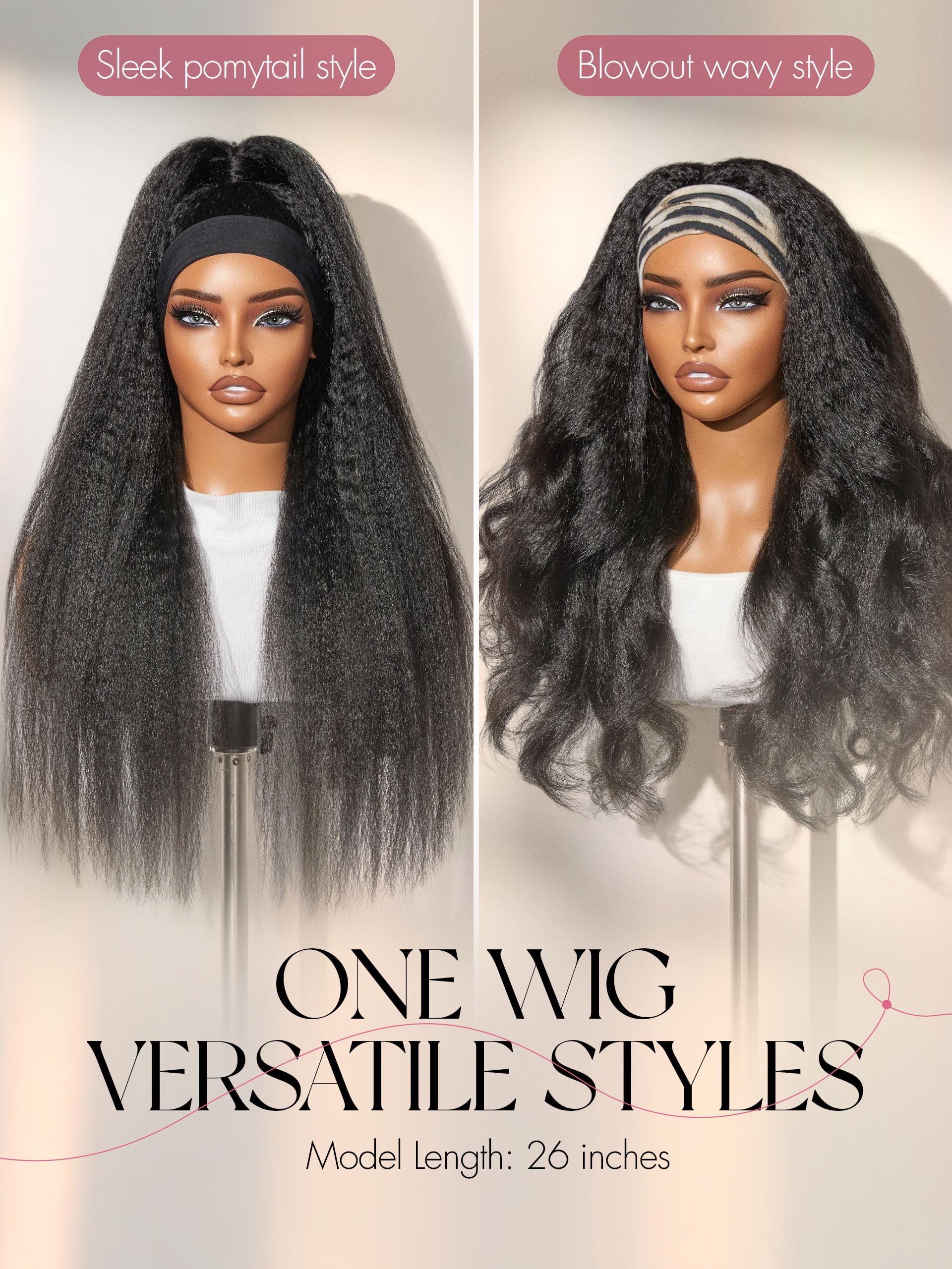 HAIR Headband Wig Human Hair Kinky Straight Drawstring Half Wig for Black Women 100% Real Human Hair Glueless None Lace Wigs Brazilian Virgin Hair Machine Made Wig 200 Density Natural Color