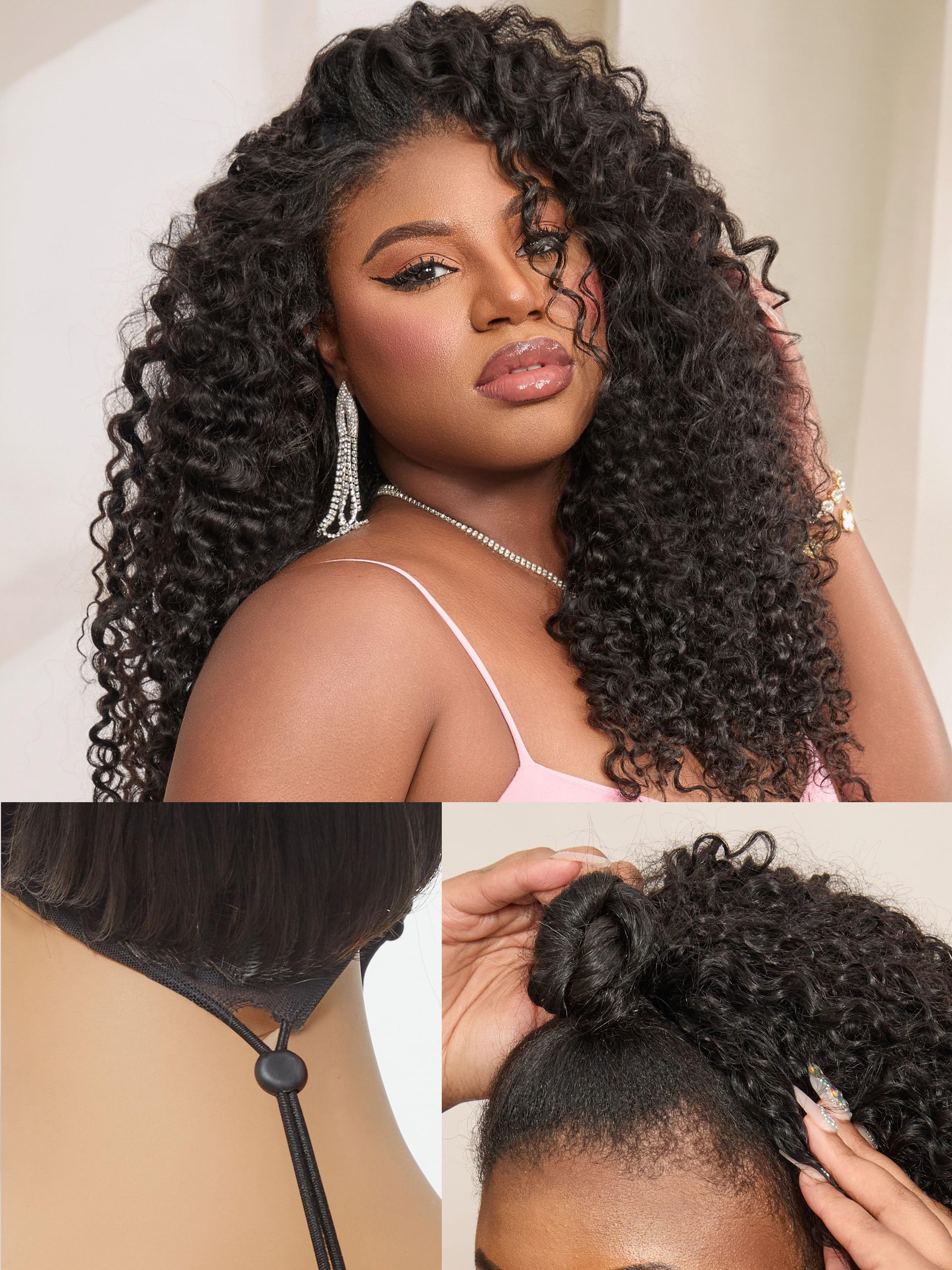 Half Wig Kinky Curly Flexi-Fit Invisi 3 in 1 Wigs Flip Drawstring Wig 200% Density Glueless Wigs 100% Human Hair Natural Black Ready to Go Headband Wig for Women 18 Inches