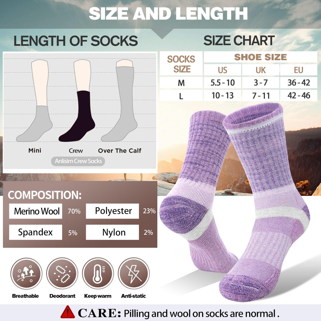 Merino Wool Hiking Socks for Women Thermal Winter Warm Boot Work Cushion Socks 5 Pairs