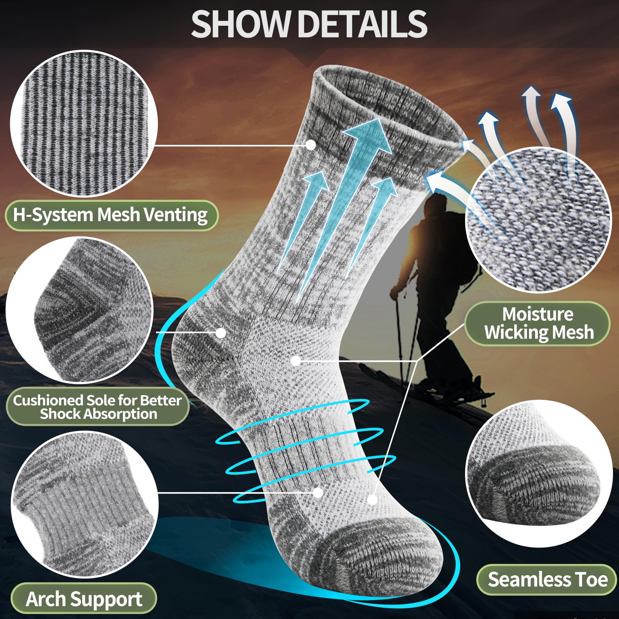 Merino Wool Hiking Socks for Women Thermal Winter Warm Boot Work Cushion Socks 5 Pairs