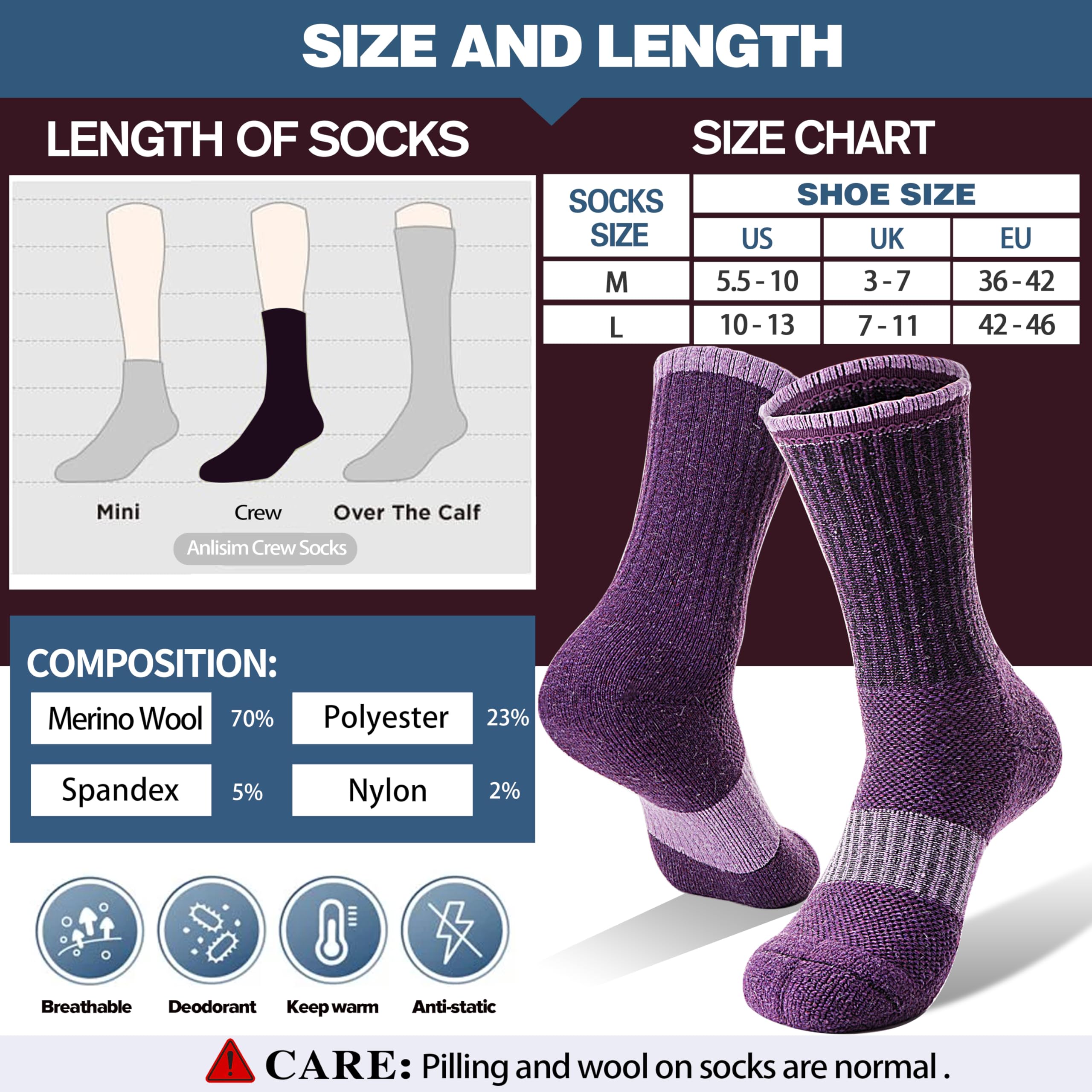 Merino Wool Hiking Socks for Women Thermal Winter Warm Boot Work Cushion Socks 5 Pairs