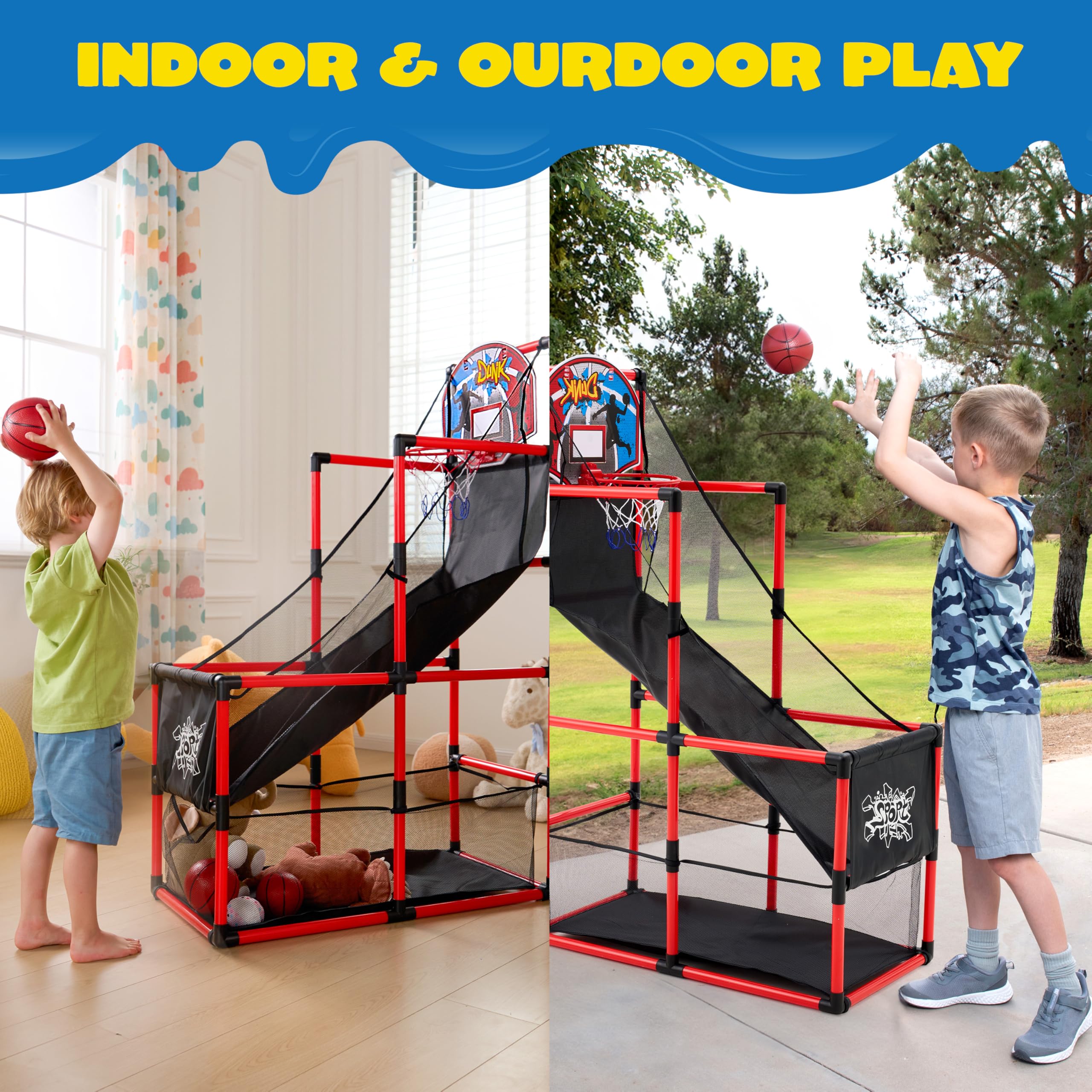 JOYIN Arcade Basketball Game Set with 4 Balls and Hoop for Kids 3 to 12 Years Old Indoor Outdoor Sport Play - Easy Set Up - Air Pump Included - Ideal for Competition