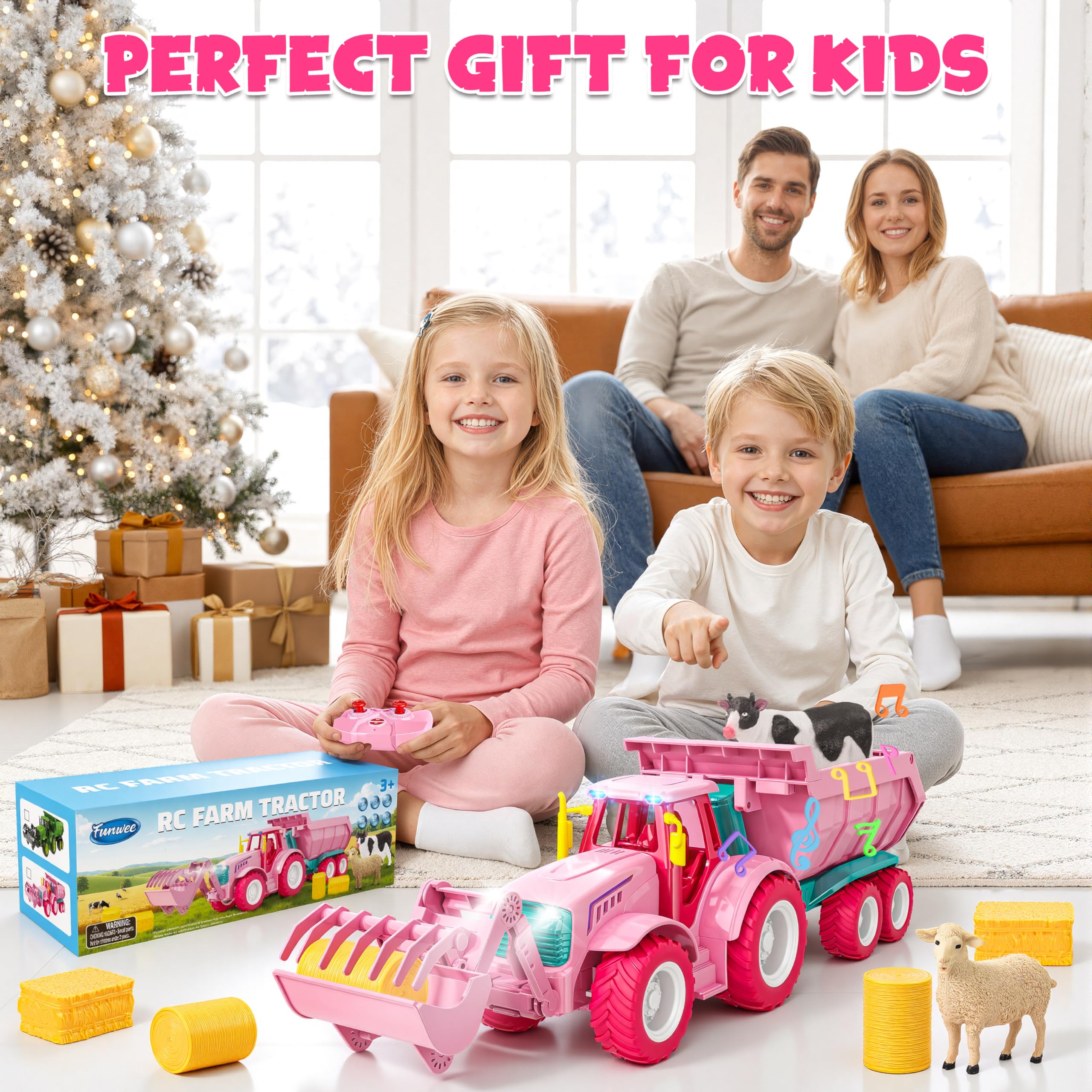 Funwee RC Farm Tractor Toy w/Light & Music, Kid Truck Toy w/Front Loader & Farm Animal, 2.4GHz RC Tractor Trailer Car Vehicle Toy for Boy Girl Age 3 4 5 6 7+ Year Old Christmas Birthday Gift (Pink)