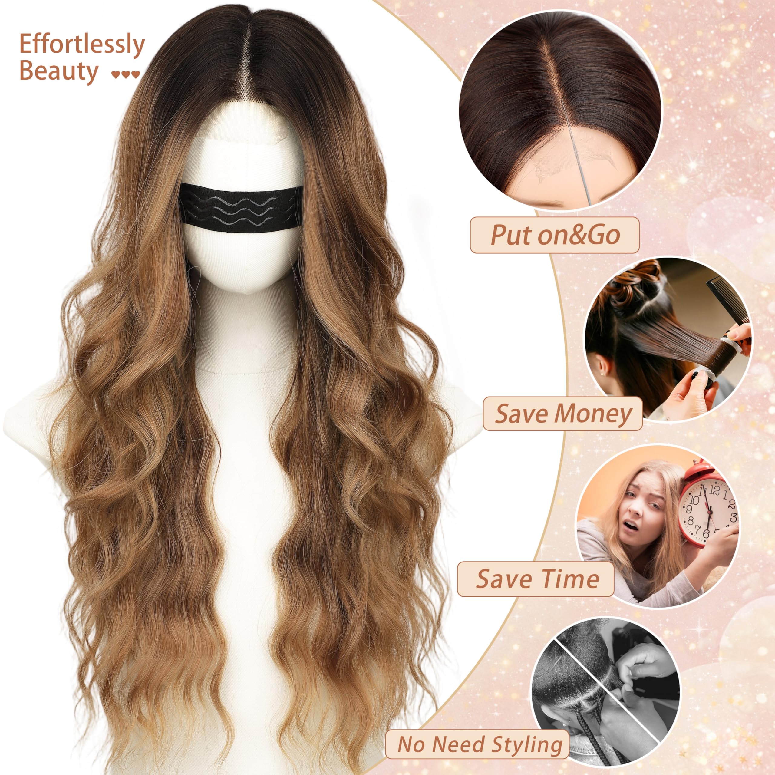 Long Brown Mixed Blonde Wavy Wig 4x1 Lace Natural Hairline Middle Part Curly Heat-Resistant Synthetic Fiber for Women & Beginners Daily Party Use 26In