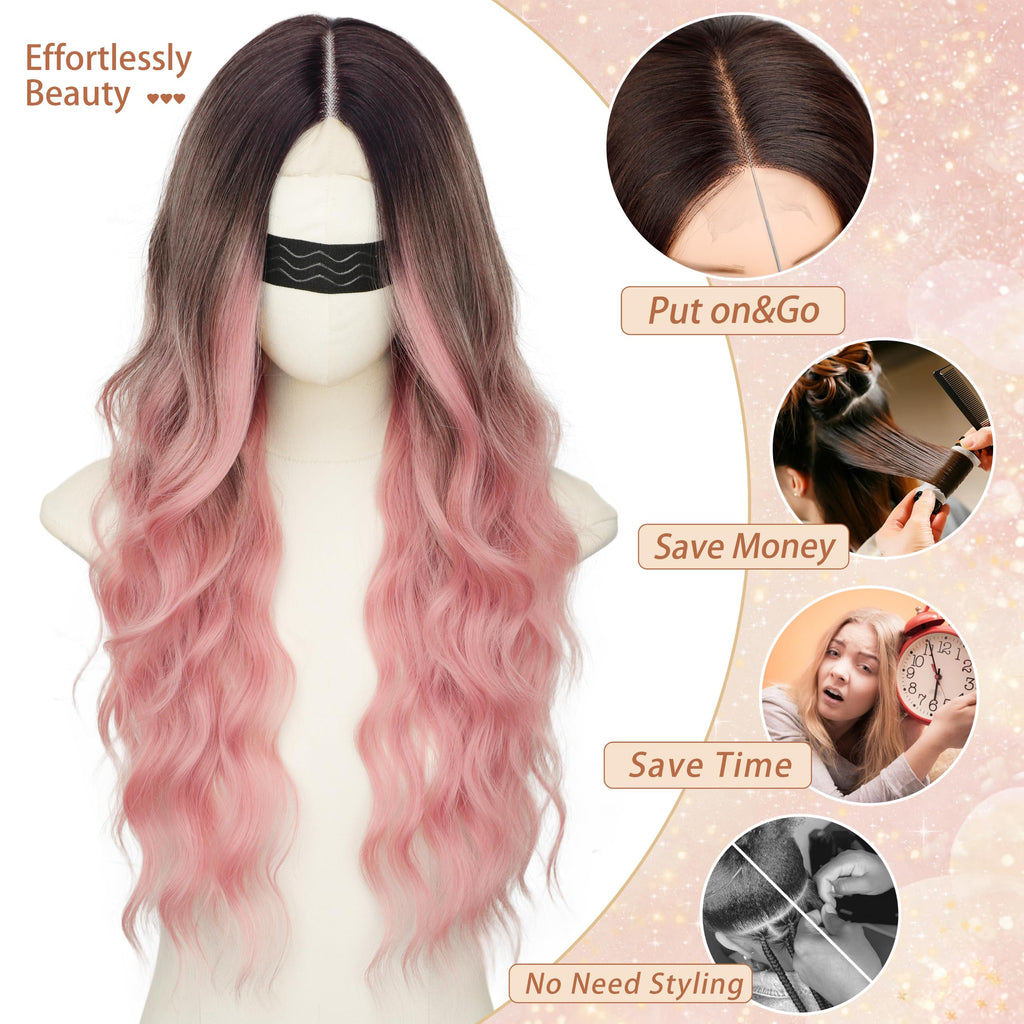 Long Brown Mixed Blonde Wavy Wig 4x1 Lace Natural Hairline Middle Part Curly Heat-Resistant Synthetic Fiber for Women & Beginners Daily Party Use 26In