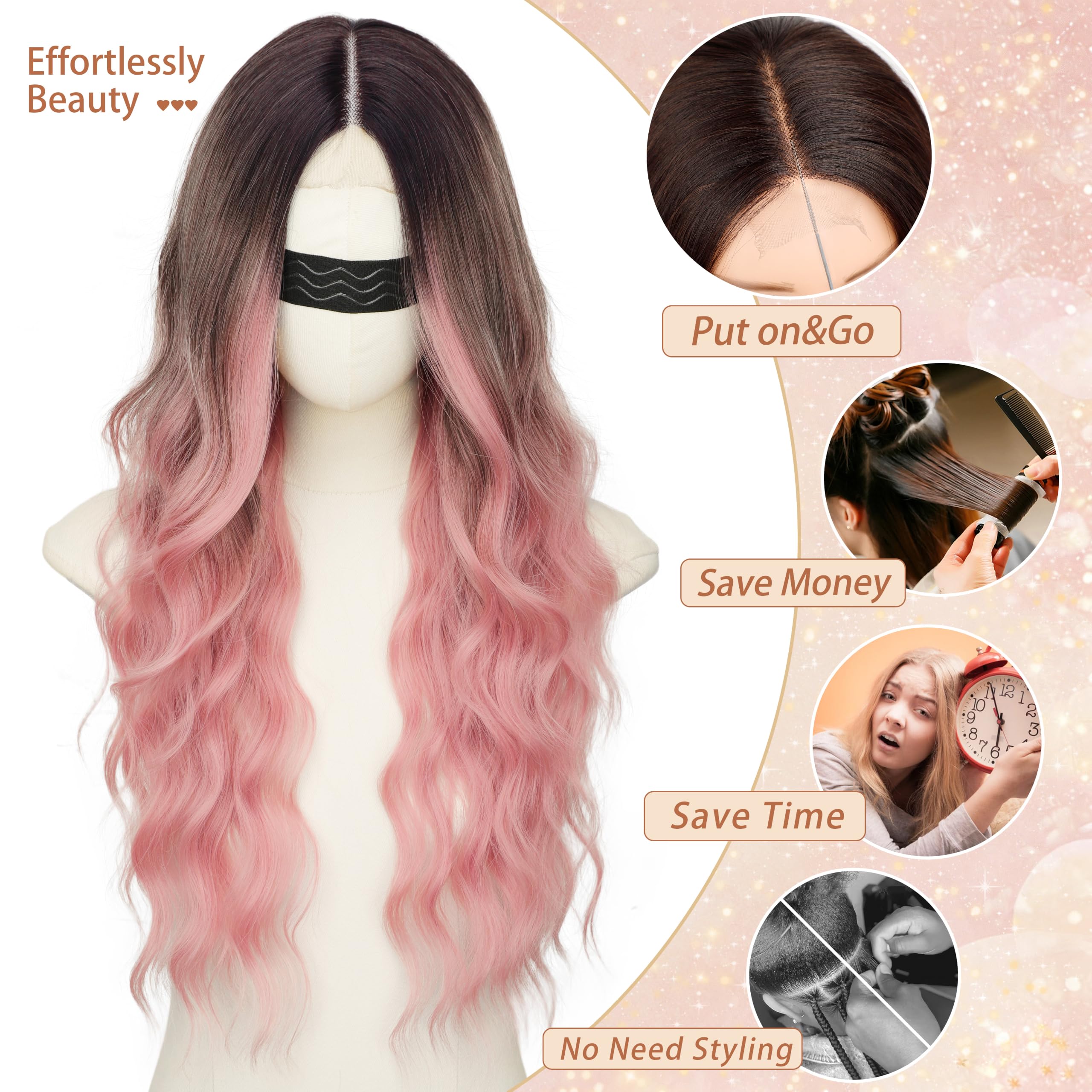 Long Brown Mixed Blonde Wavy Wig 4x1 Lace Natural Hairline Middle Part Curly Heat-Resistant Synthetic Fiber for Women & Beginners Daily Party Use 26In