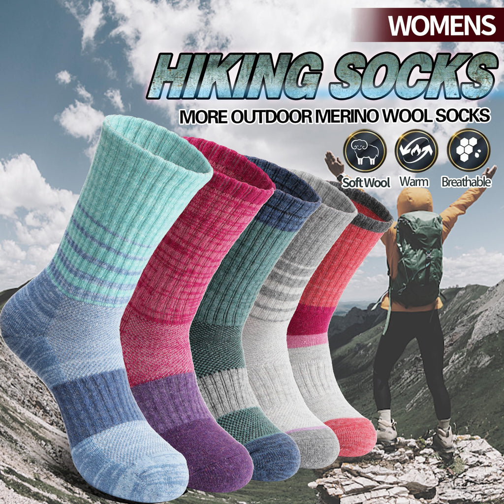 Merino Wool Hiking Socks for Women Thermal Winter Warm Boot Work Cushion Socks 5 Pairs