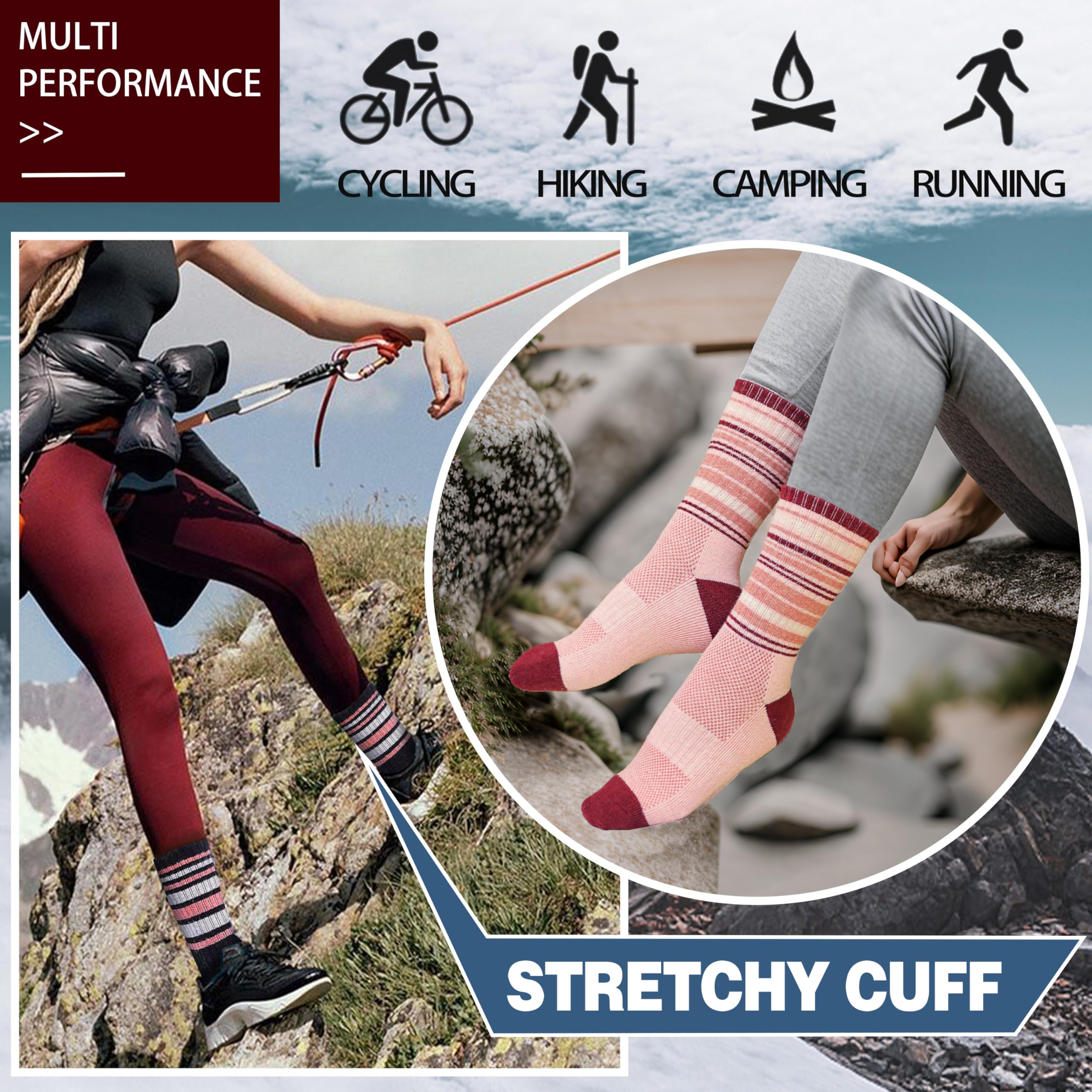 Merino Wool Hiking Socks for Women Thermal Winter Warm Boot Work Cushion Socks 5 Pairs