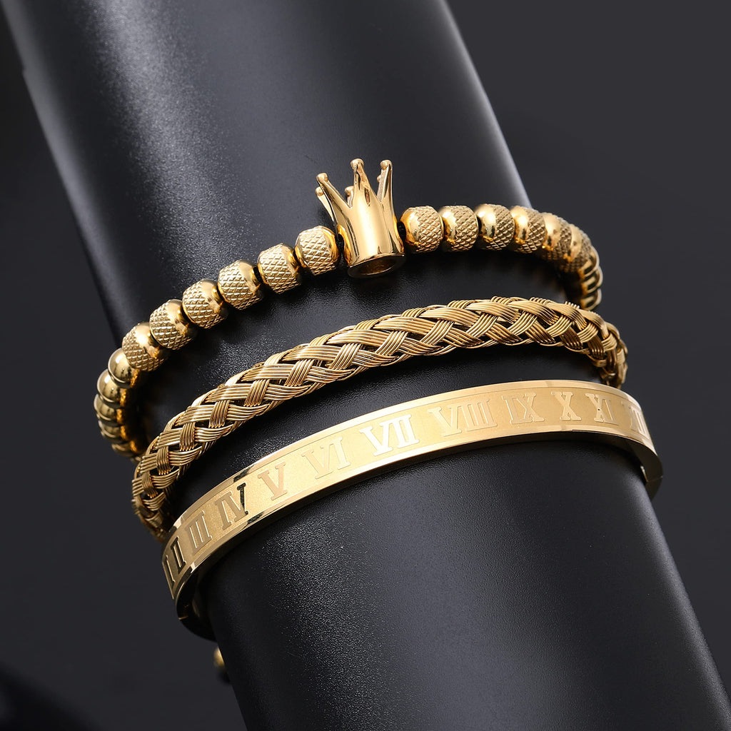 3PCS Stainless Steel Bracelets for Men Gold Roman Numeral Bangle Bracelet Twisted Cable Bracelet Adjustable Cuff Bracelet Mens Luxury Jewelry Bracelets Gifts