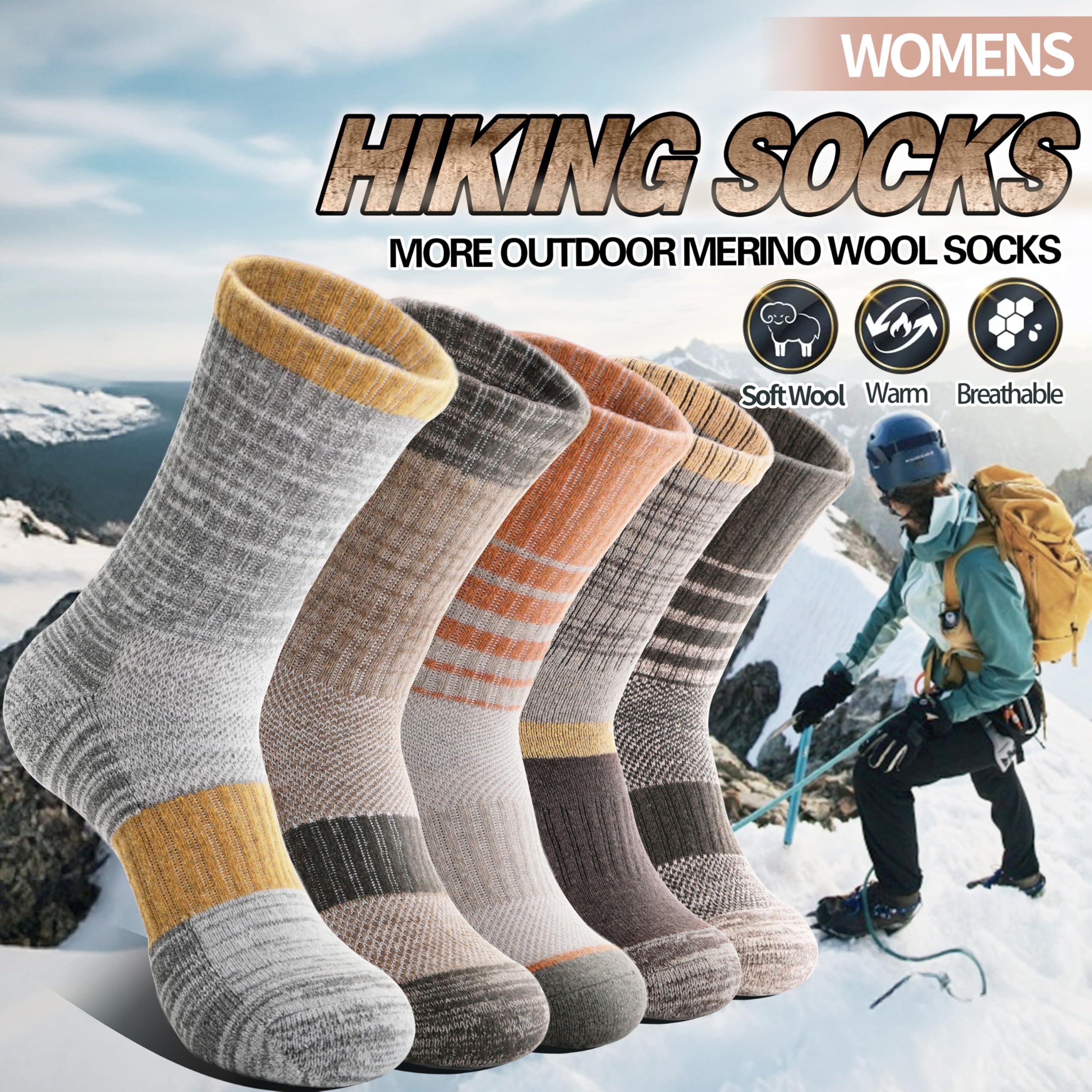 Merino Wool Hiking Socks for Women Thermal Winter Warm Boot Work Cushion Socks 5 Pairs