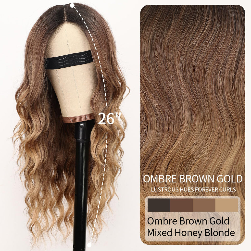 Long Brown Mixed Blonde Wavy Wig 4x1 Lace Natural Hairline Middle Part Curly Heat-Resistant Synthetic Fiber for Women & Beginners Daily Party Use 26In