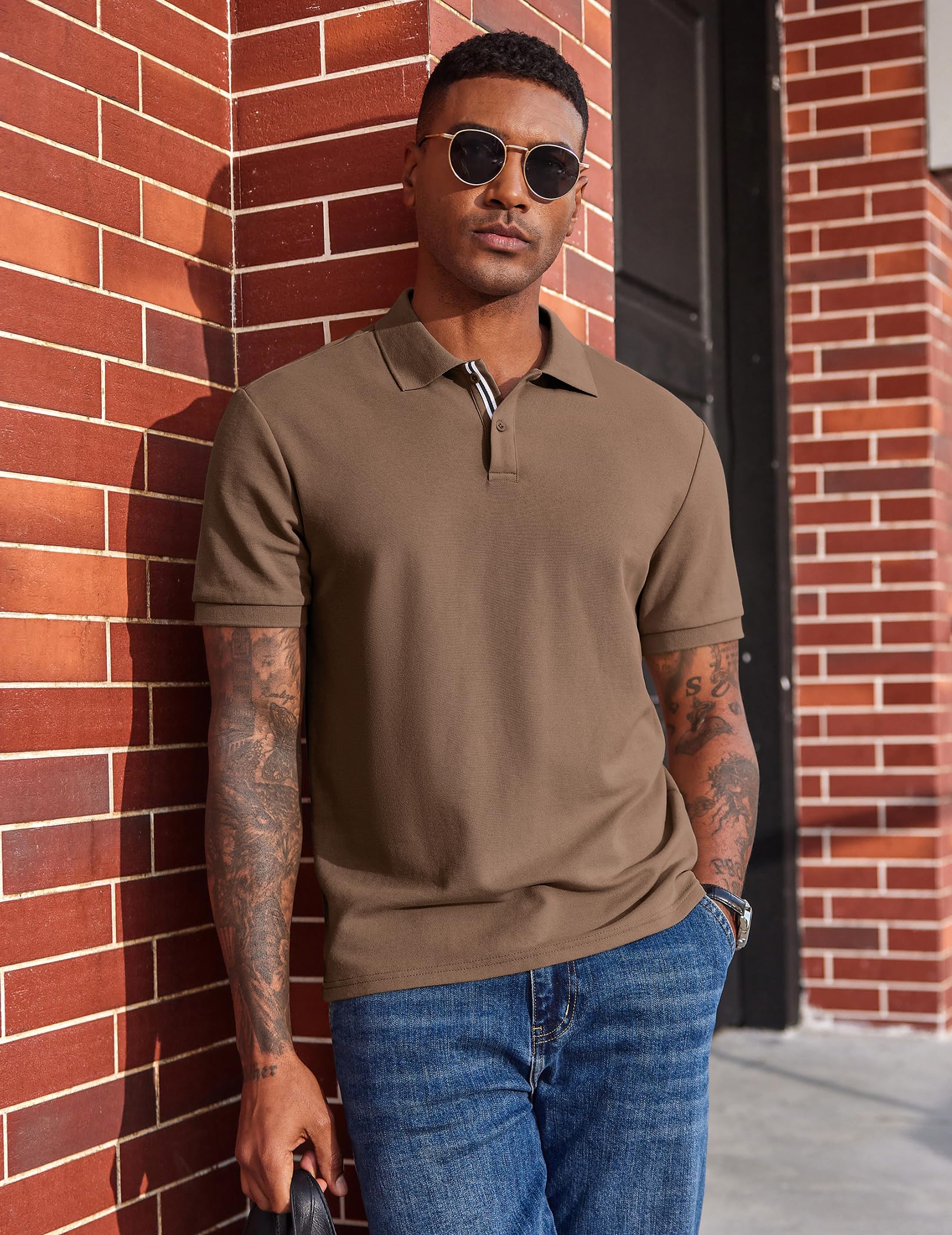 Men's Polo Shirts Short Sleeve Cotton Pique Casual Button T Shirts Classic Fit Collared Golf Shirts