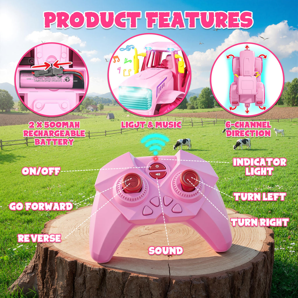 Funwee RC Farm Tractor Toy w/Light & Music, Kid Truck Toy w/Front Loader & Farm Animal, 2.4GHz RC Tractor Trailer Car Vehicle Toy for Boy Girl Age 3 4 5 6 7+ Year Old Christmas Birthday Gift (Pink)