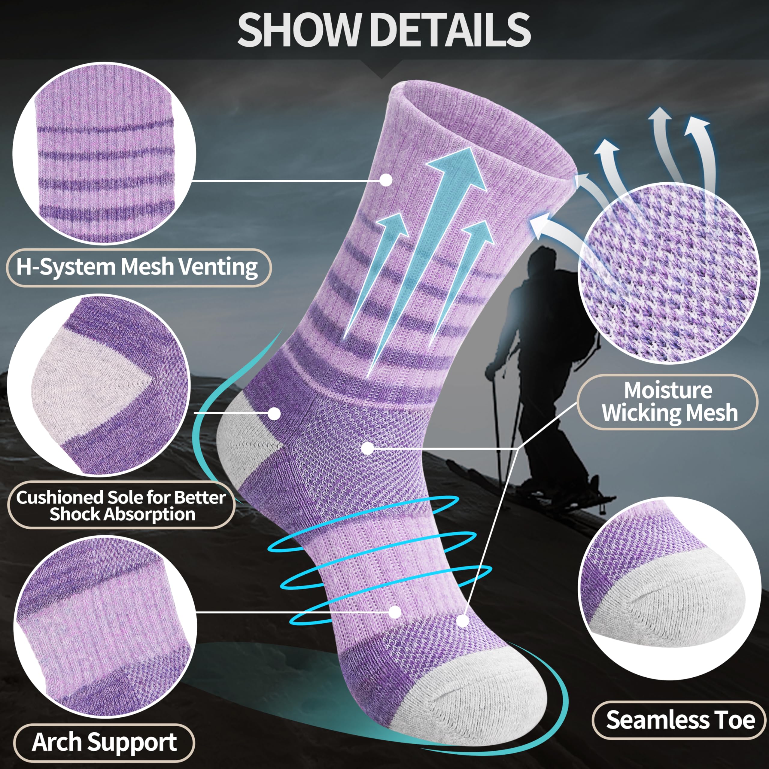 Merino Wool Hiking Socks for Women Thermal Winter Warm Boot Work Cushion Socks 5 Pairs