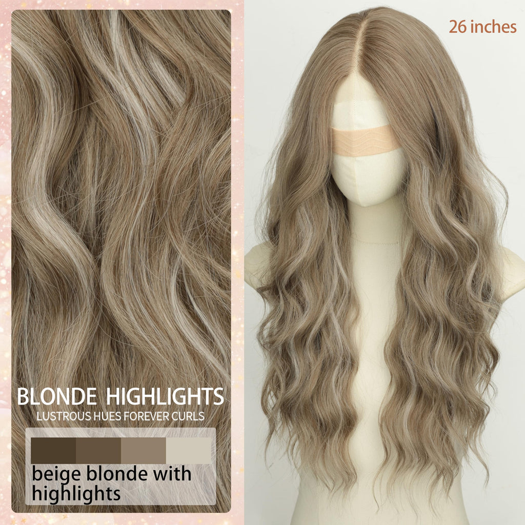 Long Brown Mixed Blonde Wavy Wig 4x1 Lace Natural Hairline Middle Part Curly Heat-Resistant Synthetic Fiber for Women & Beginners Daily Party Use 26In