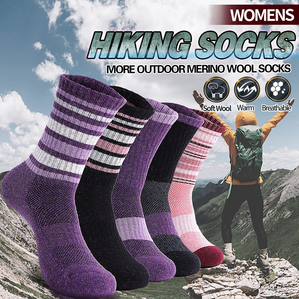 Merino Wool Hiking Socks for Women Thermal Winter Warm Boot Work Cushion Socks 5 Pairs