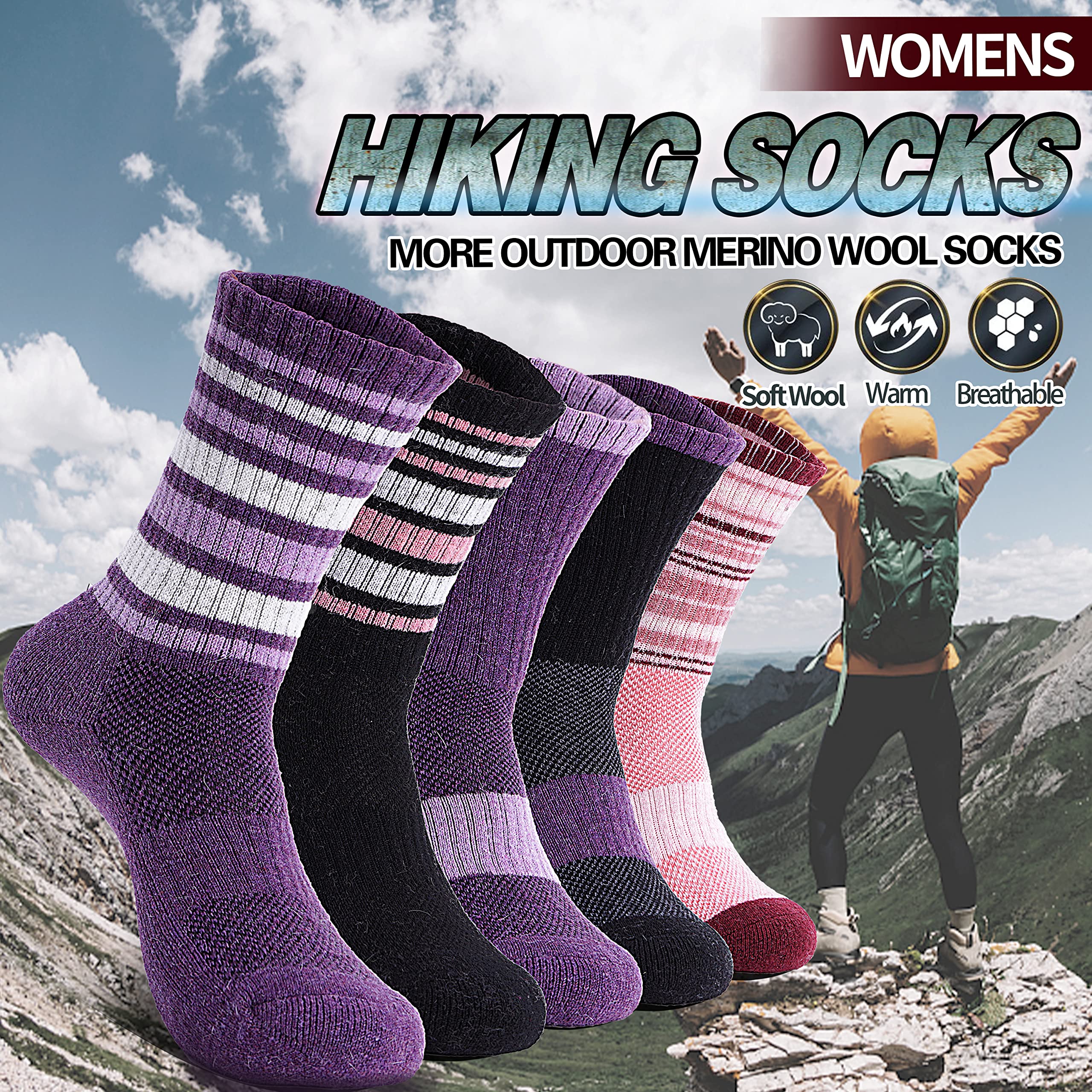 Merino Wool Hiking Socks for Women Thermal Winter Warm Boot Work Cushion Socks 5 Pairs