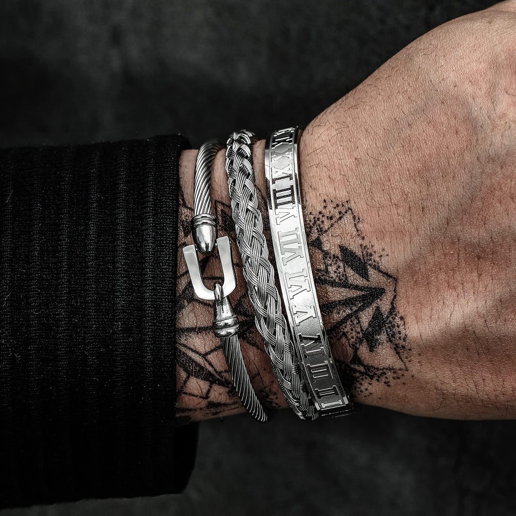 3PCS Stainless Steel Bracelets for Men Gold Roman Numeral Bangle Bracelet Twisted Cable Bracelet Adjustable Cuff Bracelet Mens Luxury Jewelry Bracelets Gifts