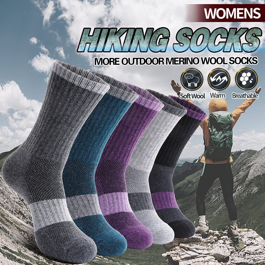 Merino Wool Hiking Socks for Women Thermal Winter Warm Boot Work Cushion Socks 5 Pairs