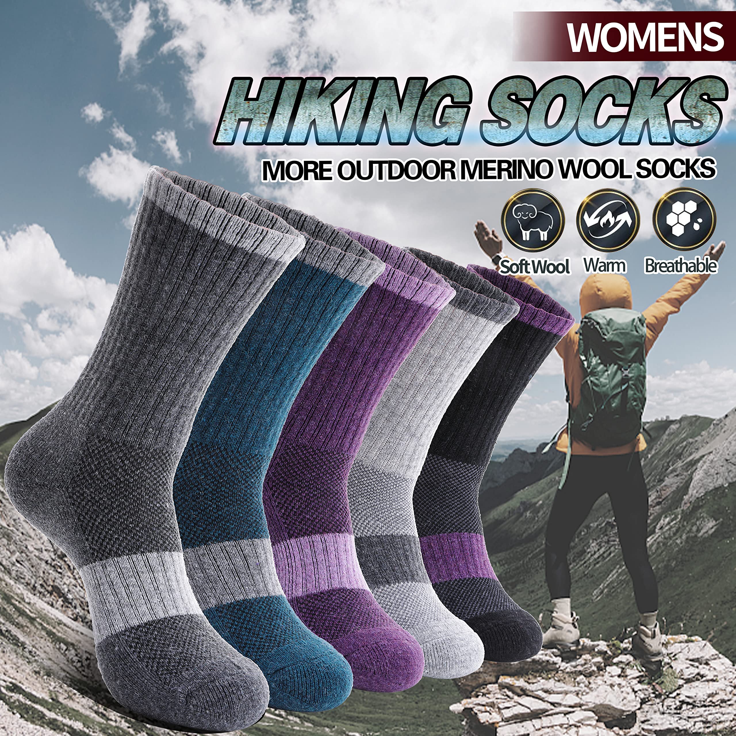 Merino Wool Hiking Socks for Women Thermal Winter Warm Boot Work Cushion Socks 5 Pairs