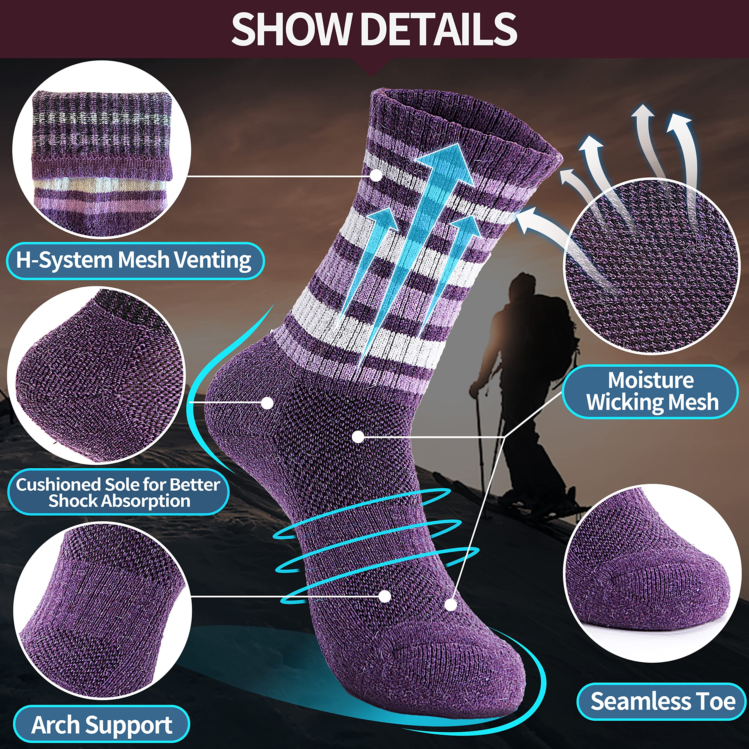Merino Wool Hiking Socks for Women Thermal Winter Warm Boot Work Cushion Socks 5 Pairs