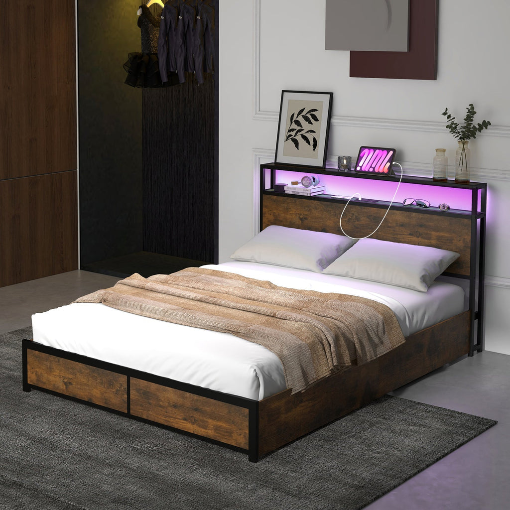 Full/Queen Size Bed Frame with Smart LED Lights and Storage Drawers