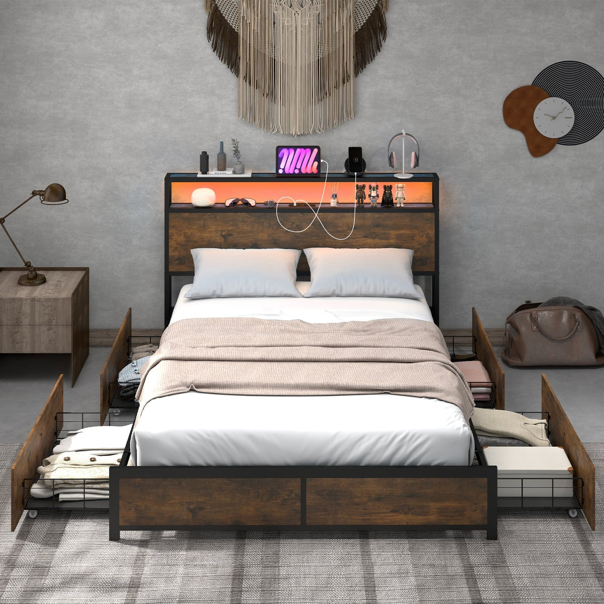Full/Queen Size Bed Frame with Smart LED Lights and Storage Drawers