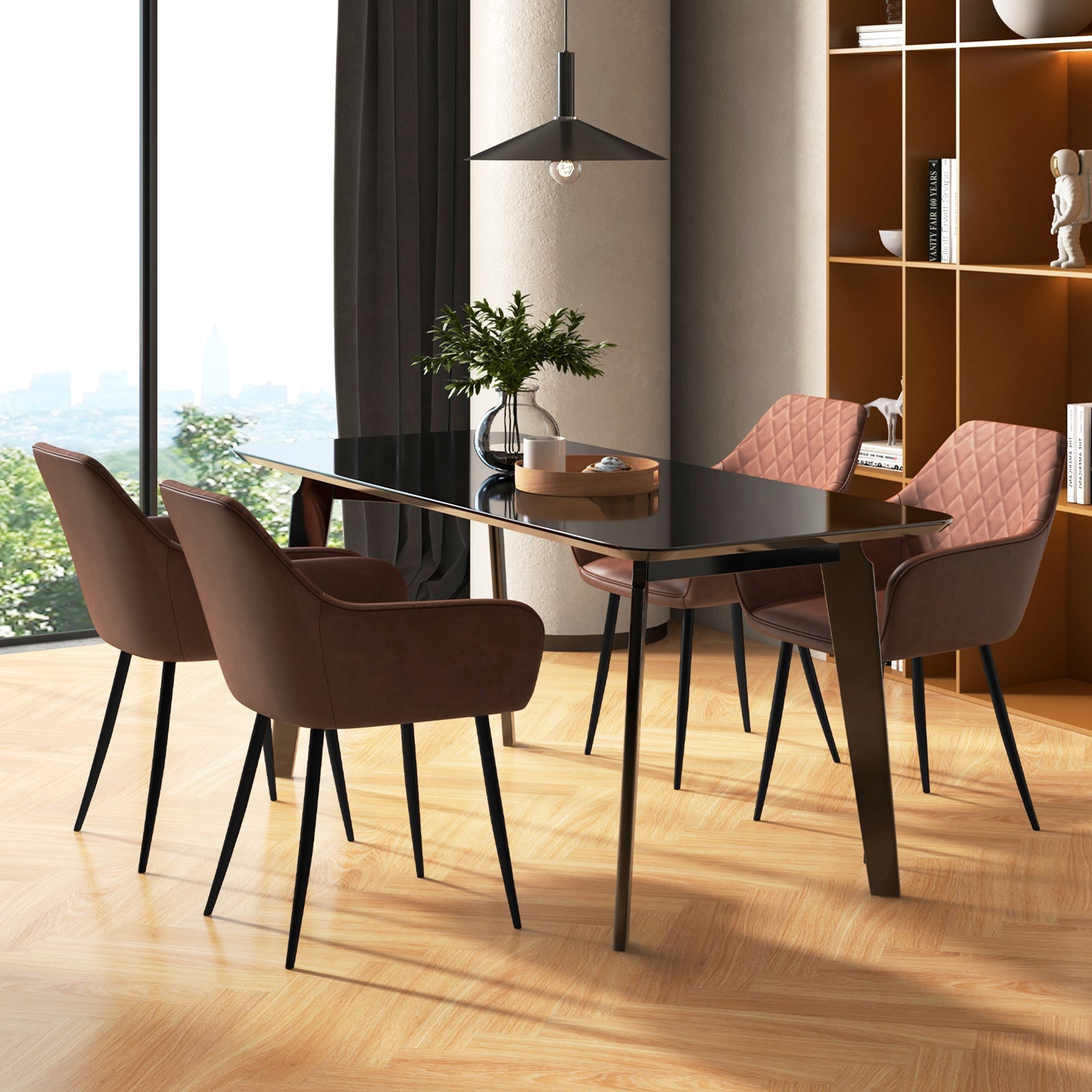 Leisure Dining Chair Set of 2 with Curved Backrest and Wide Seat-Coffee