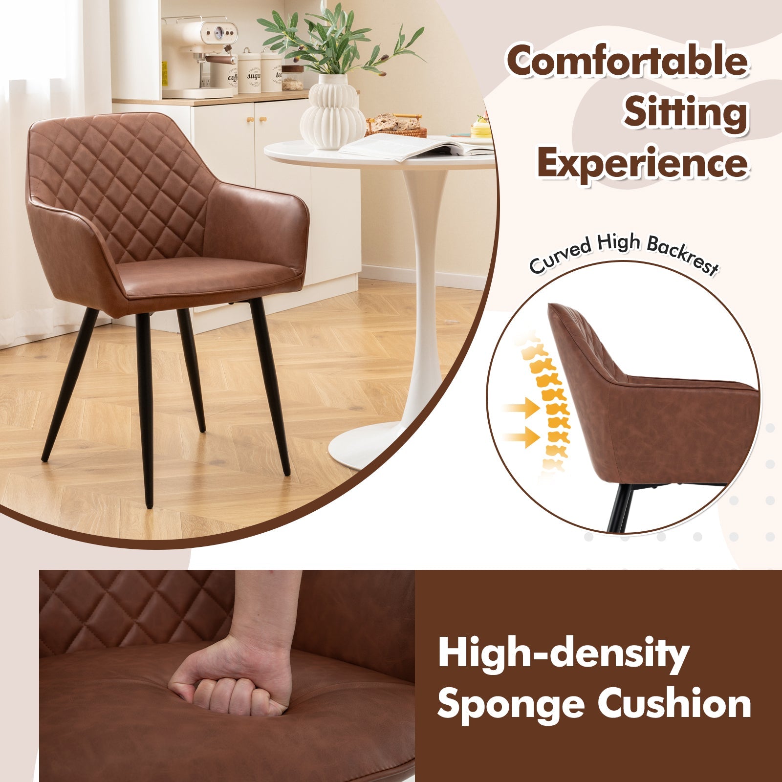 Leisure Dining Chair Set of 2 with Curved Backrest and Wide Seat-Coffee