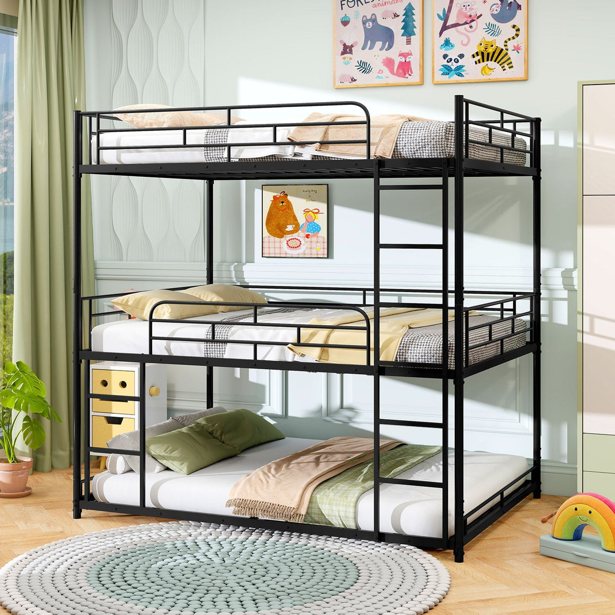 Metal Triple Bunk Bed with Safety Guardrails and 2 Ladders-Black