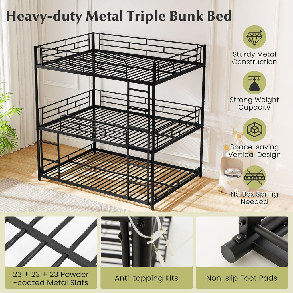 Metal Triple Bunk Bed with Safety Guardrails and 2 Ladders-Black