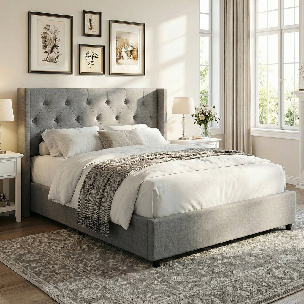 Queen Size Lift-up Storage Bed Modern Linen Upholstered Platform Bed