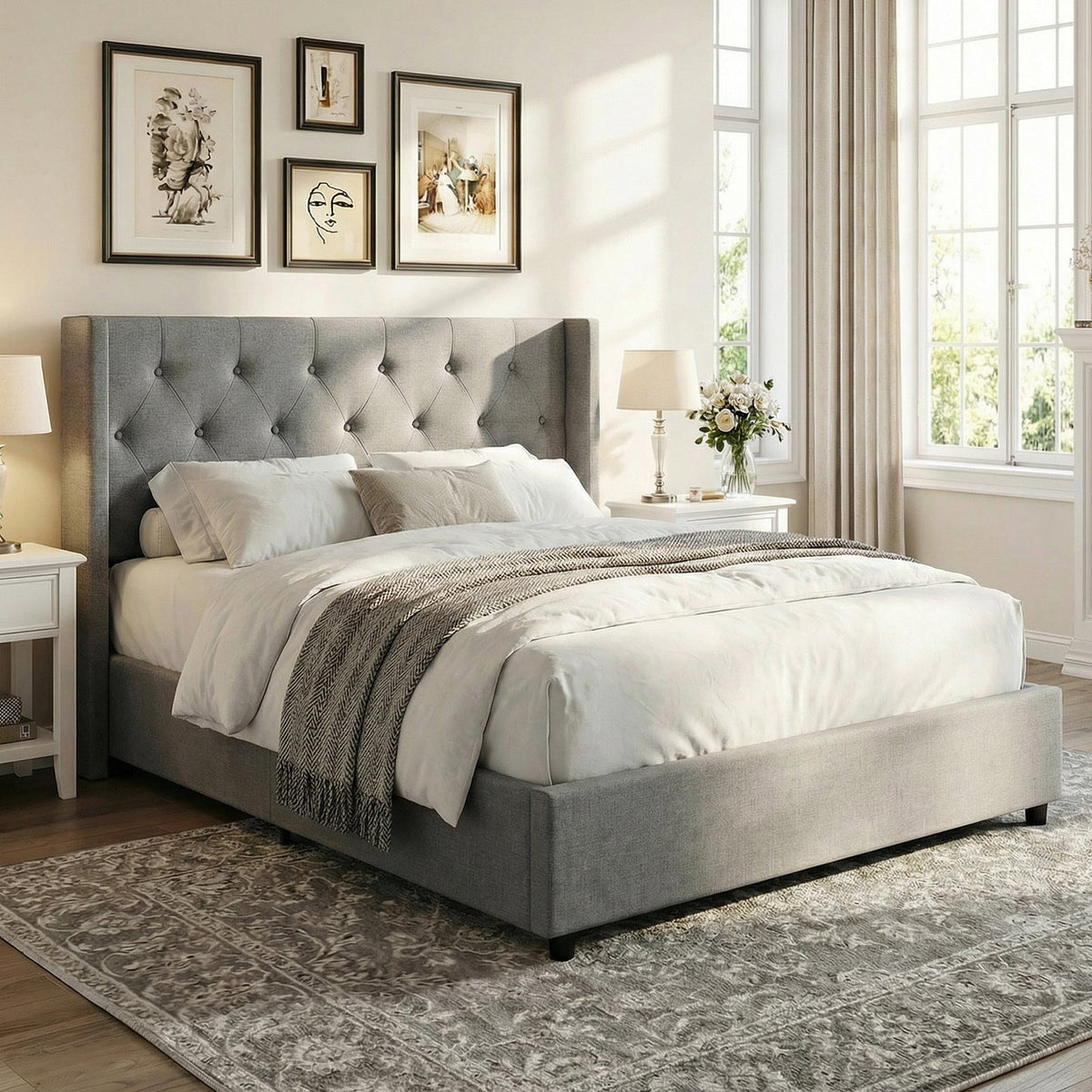 Queen Size Lift-up Storage Bed Modern Linen Upholstered Platform Bed