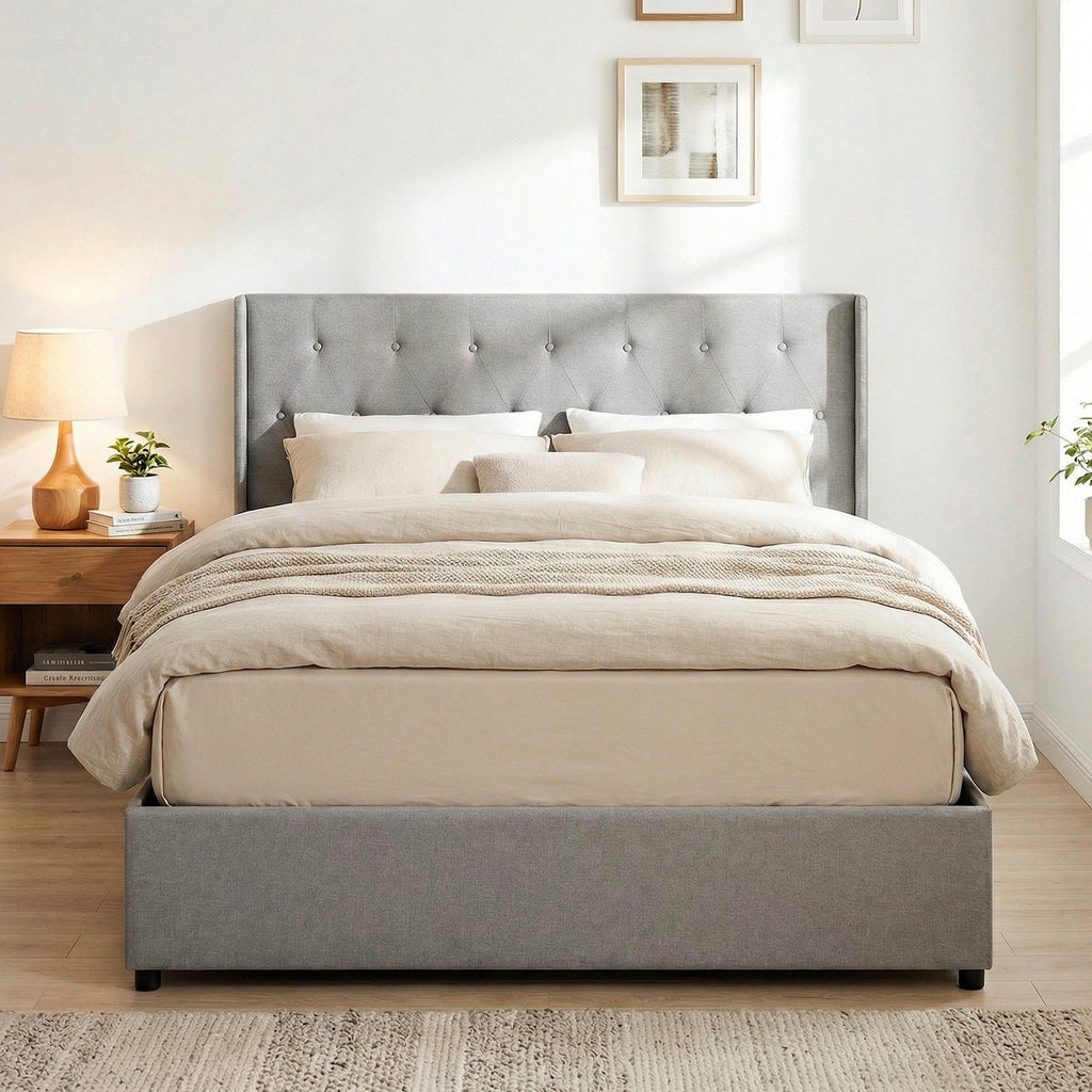Queen Size Lift-up Storage Bed Modern Linen Upholstered Platform Bed