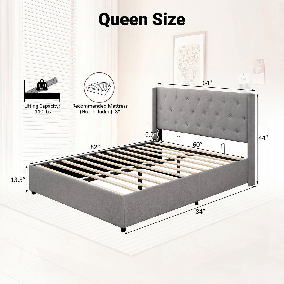 Queen Size Lift-up Storage Bed Modern Linen Upholstered Platform Bed