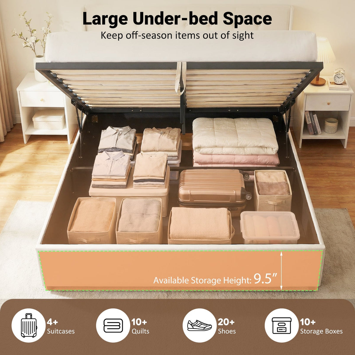 Queen Size Lift-up Storage Bed Modern Linen Upholstered Platform Bed