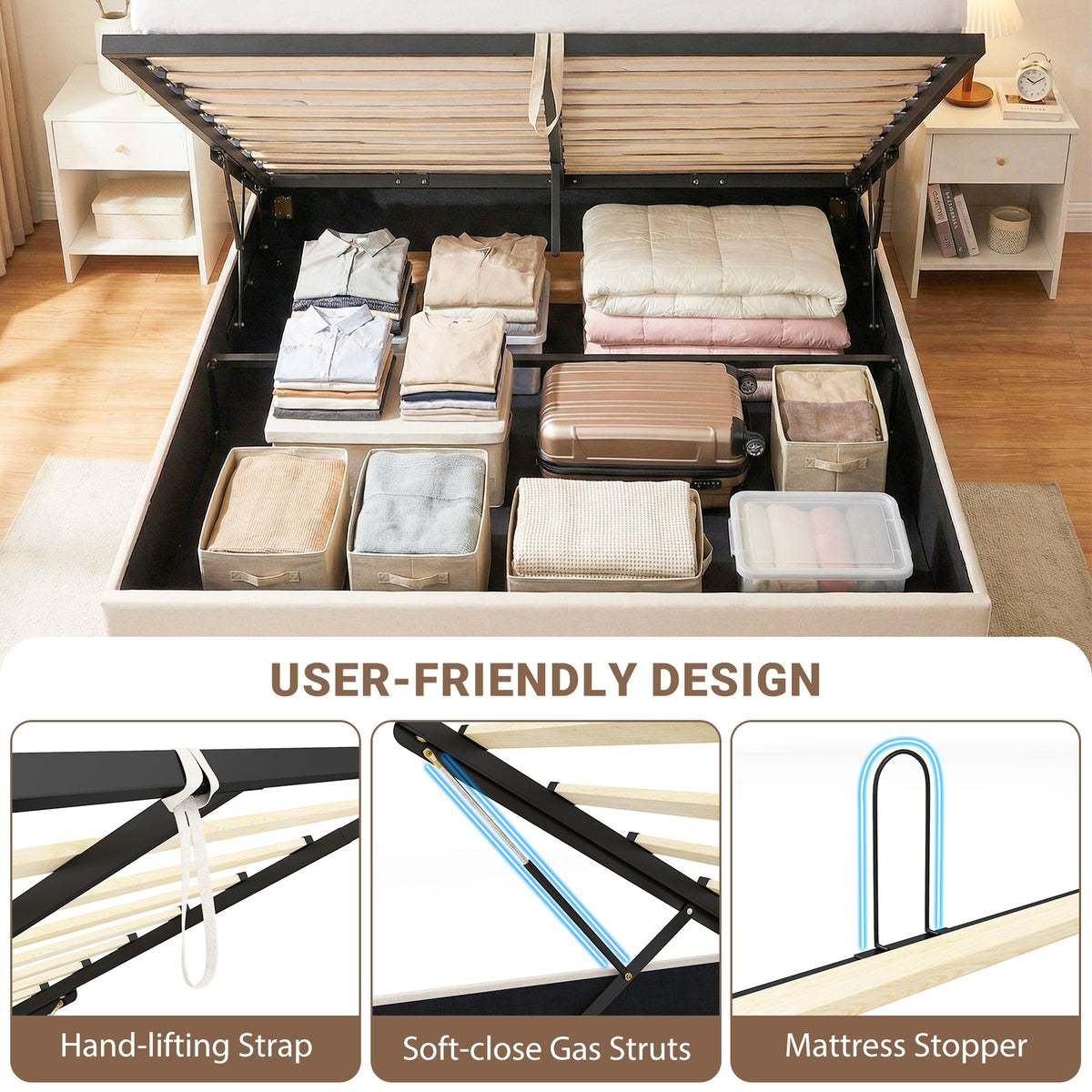 Queen Size Lift-up Storage Bed Modern Linen Upholstered Platform Bed