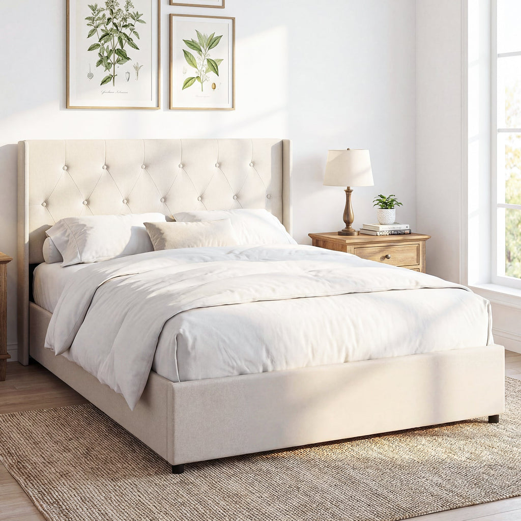 Queen Size Lift-up Storage Bed Modern Linen Upholstered Platform Bed