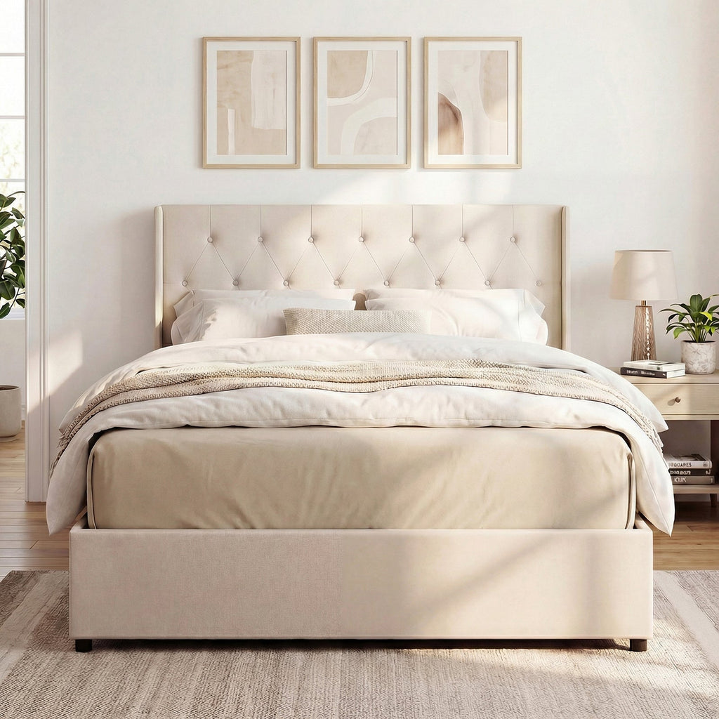 Queen Size Lift-up Storage Bed Modern Linen Upholstered Platform Bed