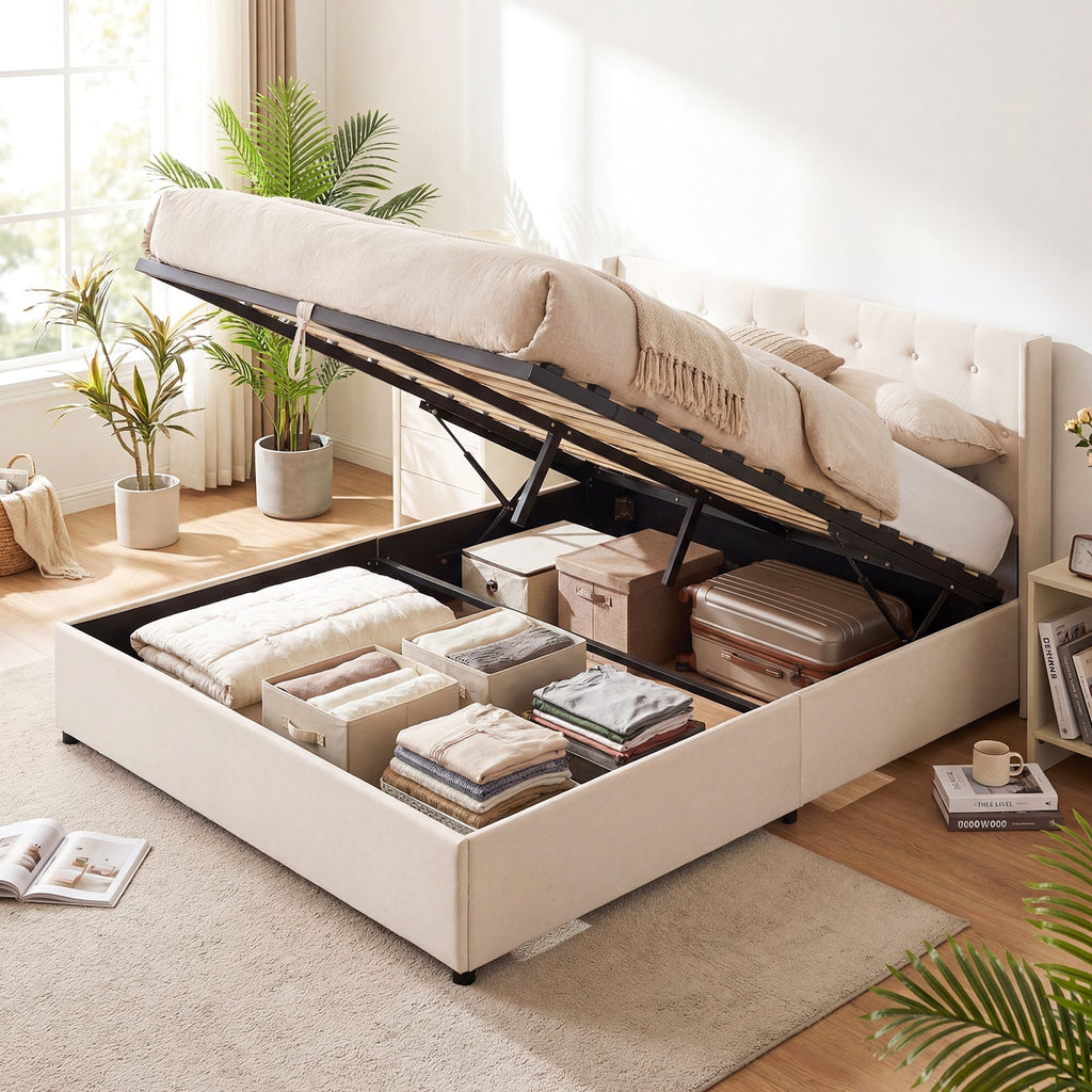 Queen Size Lift-up Storage Bed Modern Linen Upholstered Platform Bed